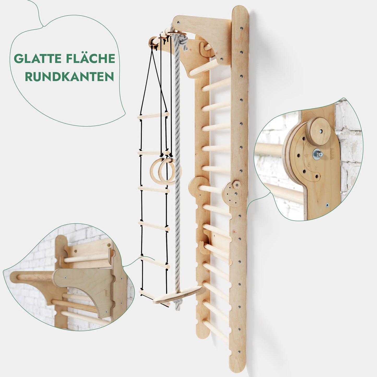 6in1 Kletterwand Indoor: Sprossenwand, Gymnastikringe, Hängende Leiter, Disc-Schaukel, Rutsche und Klimmzugstange für Kinder-4