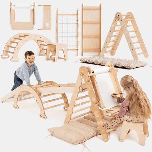 7in1 Montessori Klettergerüst Set: Kletterdreieck, Kletterbogen mit Kissen, Rutsche, Kletternetz, Maltafel und Kinderstuhl, für Kinder 1-7 Jahre – Beige-0