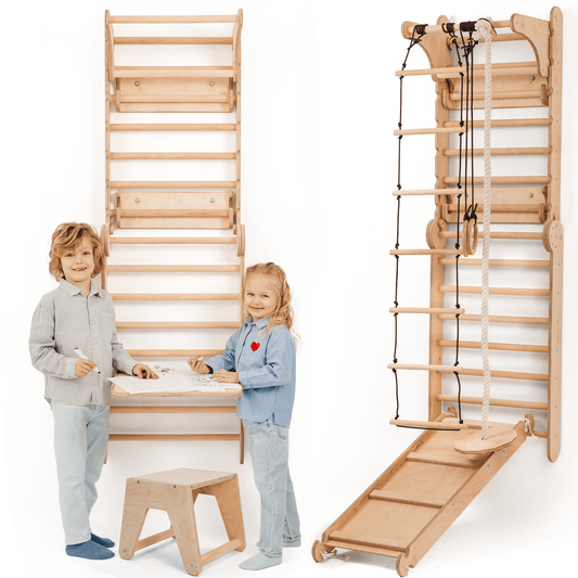8in1 Kletterwand Indoor: Sprossenwand, Gymnastikringe, Hängende Leiter, Disc-Schaukel, Rutsche, Klimmzugstange, Maltafel und Kinderstuhl für Kinder – Beige-0